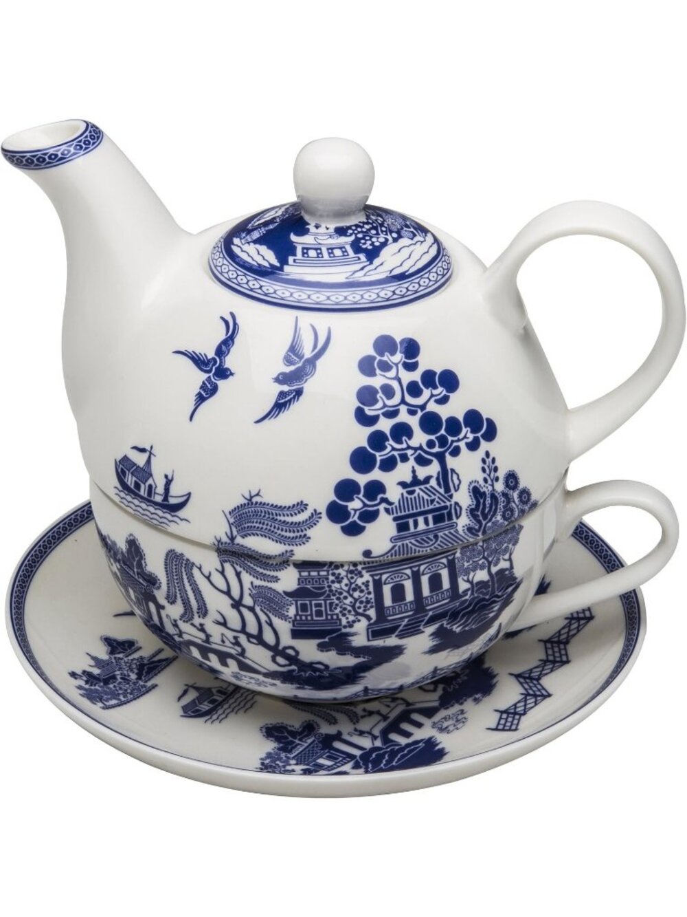 Grace Teaware Blue Willow Tea for One Set – 4‑Piece Porcelain Teapot Cup Saucer
